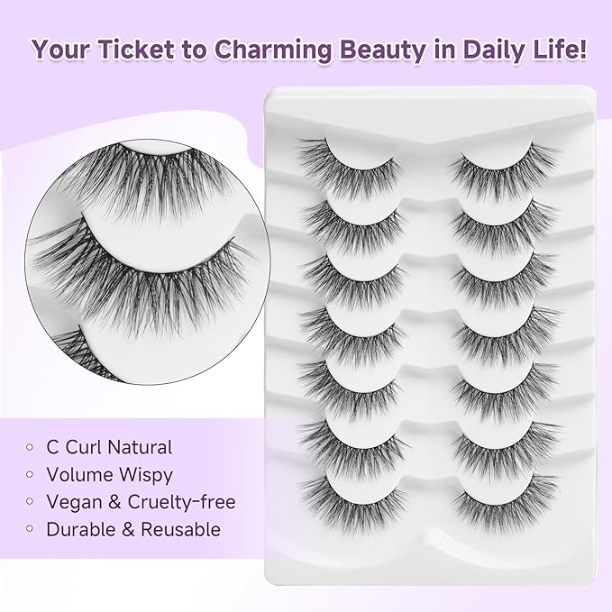 Natural Cat Eye Lashes 14mm Wispy Eyelashes with Thin Band 3D Volume Soft Strip Lashes Pack C Curl 7 Pair