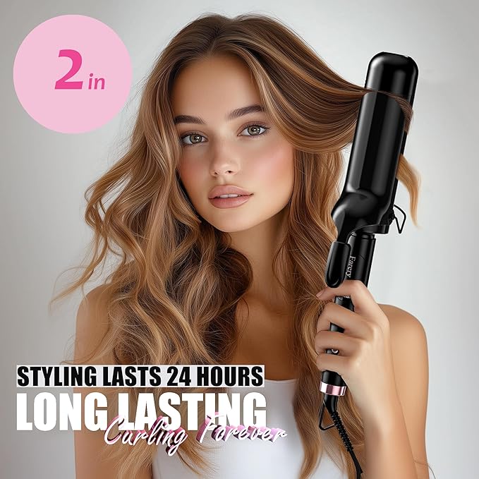 Farery 2 inch Curling Iron For Long Hair, Lightweight Large Barrel Curling Iron 2 Inch, Ceramic Curling Wand Infused Argan Oil & Keratin for Bouncy Big Curls, 9 Temps Digital Display & Lock Key, Glove