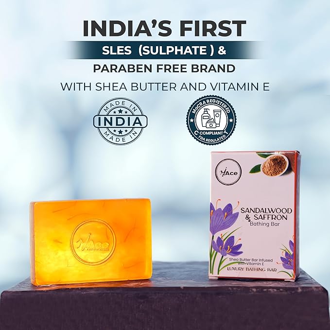 MY ACE Sandalwood & Saffron Bathing Bar – Handmade with Sandalwood & Saffron Extracts & Coconut Oil, SLES & Paraben Free, Enriched with Shea Butter & Vitamin E – Brightening & Moisturizing