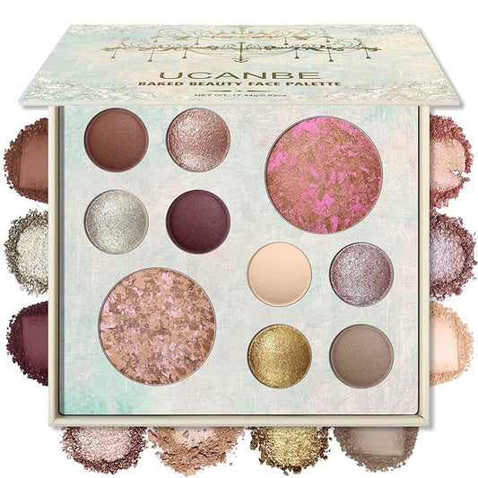 UCANBE All in One Baked Makeup Palette – Eyeshadow, Blush & Bronzer Face Kit, Neutral Pigmented Colors, Travel Size Compact, Full Face Makeup Gift Set for Women