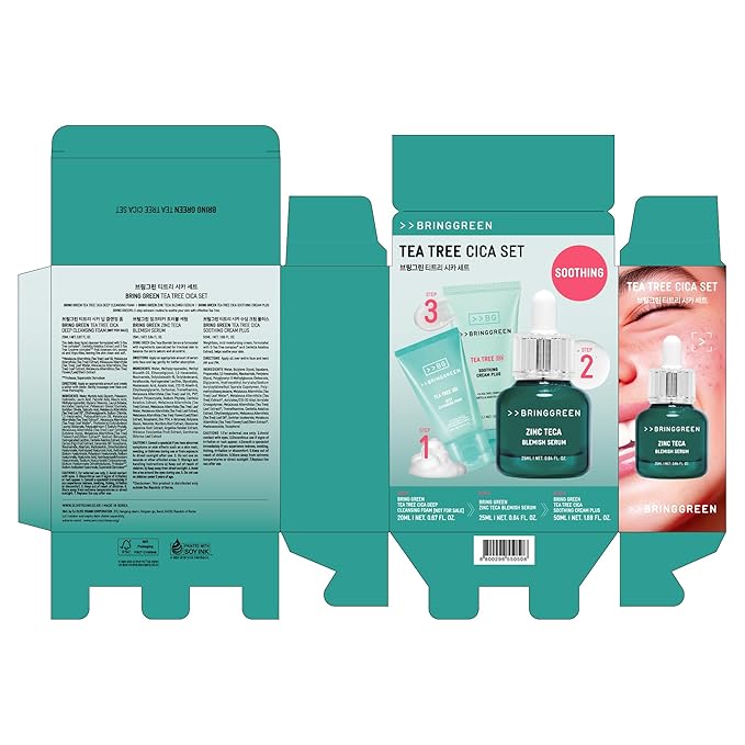 BRING GREEN TEA TREE CICA SET | Korean Skin Care Kit for Acne-Prone, Sensitive Skin | Zinc Teca Serum, Tea Tree Hydrating Moisturizer & Deep Cleansing Foam | Oil Control & Pore Care | K-Beauty Gift