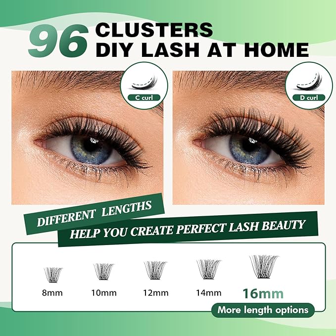Lash Clusters 96pcs Individual Lashes Y11 D Curl 12mm Cluster Lashes KEYYOU Volume Wispy Lash Extension Soft&Comfortable Easy DIY at Home(Y11 D-12mm)