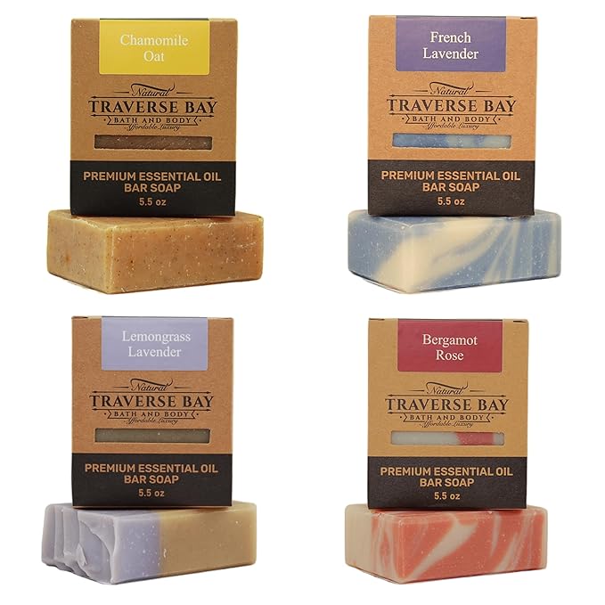 Traverse Bay Bath and Body Natural Cold Process Soap Floral 4-Bar Variety Pack, Chamomile Oat, French Lavender, Lemongrass Lavender, Bergamot Rose 5.5 oz Each, 22+ oz Total