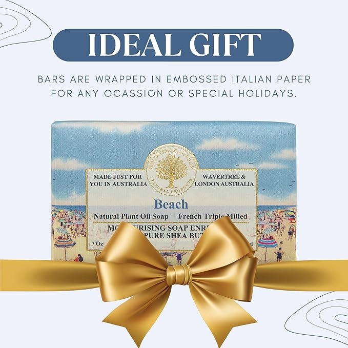 Wavertree & London Beach Scented Natural Soap (8 Bars), 7oz Moisturizing French Triple Milled Soap Bars enriched with shea butter - Pure Plant Oil Bath & Body Bars for All Skin Types