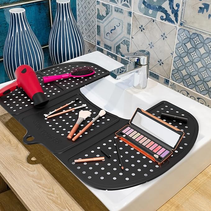 Sink Topper Bathroom Sink Cover for Counter Space & Storage Saver | RV Must Haves | Silicone Foldable Beauty Makeup Brush Cleaning Mat | Hot Tools Organizer | RV Sink Cover | Standard, Black