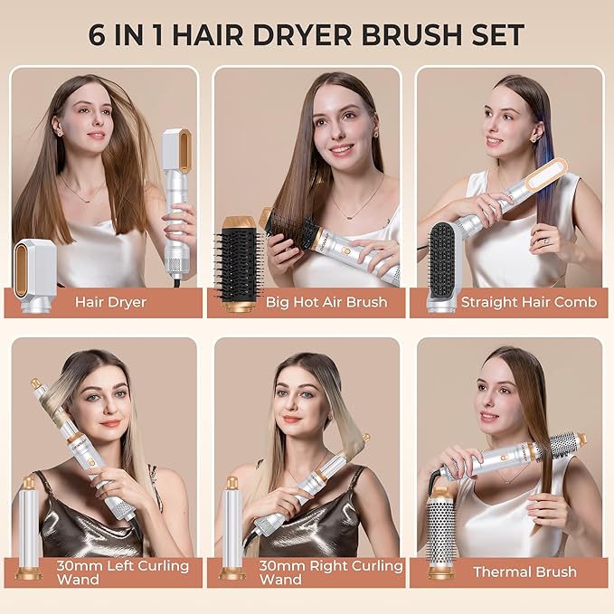 6 in ONE Blow Dryer Brush, Curling Wand Hair Styling Tools Set, Ionic Hot Air Hair Dryer, Massage Oval Hair Dryer, Left&Right Hair Curlers 100-120V (White)