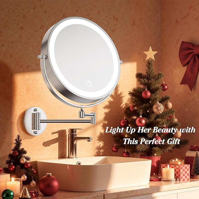 10'' 30X/1X Wall Mounted Lighted Makeup Mirror, 5000mAh Rechargeable Double-Sided Magnifying Mirror with Light, LED Vanity Mirror Touch Dimmable 3 Colors 360° Rotation Extended Foldable Arm, Chrome