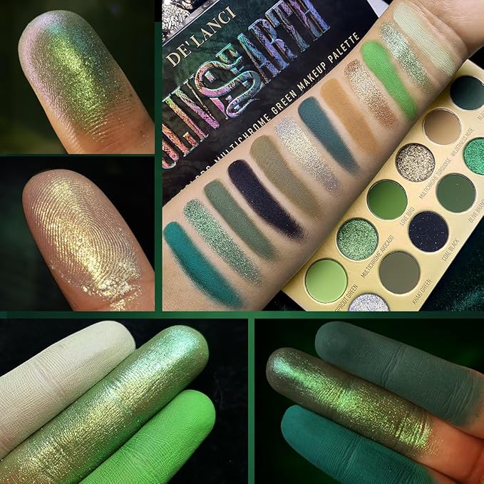 DE'LANCI Olive Green Eyeshadow Palette Multichrome, Ultra-Pigmented Chrome Brown Green Eye Shadow for Green Eyes Makeup, Matte Shimmer Dark Lime Emerald Eyeshadow Pallet for Goth Cos Christmas Makeup
