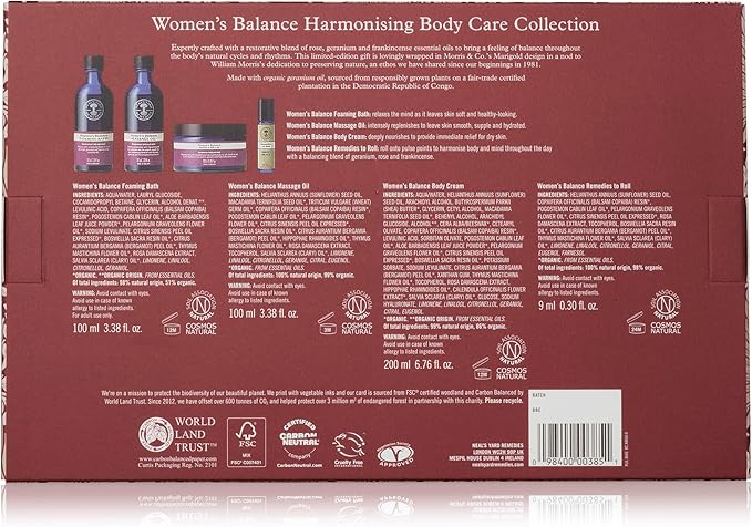 Neal's Yard Remedies Balance Harmonising Collection for Women, Foaming Bath, Massage Oil, Body Cream & Balance Roll-On, Vegan & Cruelty-Free