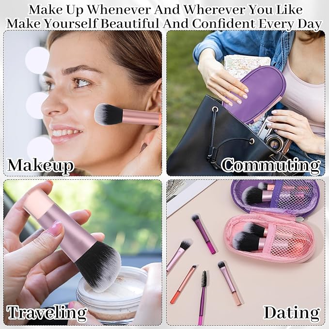 10 Pcs Mini Travel Makeup Brushes Set with Pouch, Short Handle Makeup Brushes for Women Girls Portable Full Complete Function Cosmetic Kit Brush Blush Powder Eye Shadow