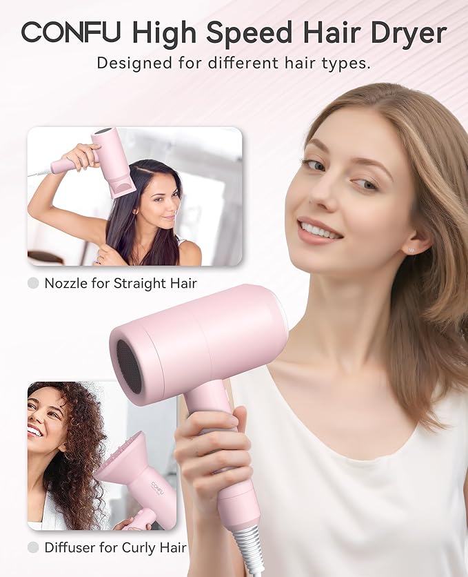 Hair Dryer with Diffuser, CONFU Hair Dryers for Women, Blow Dryers for Men, Hairdryer with Diffuser Attachment, Portable Lightweight Fast Drying Negative Ion Hairdryer for Home