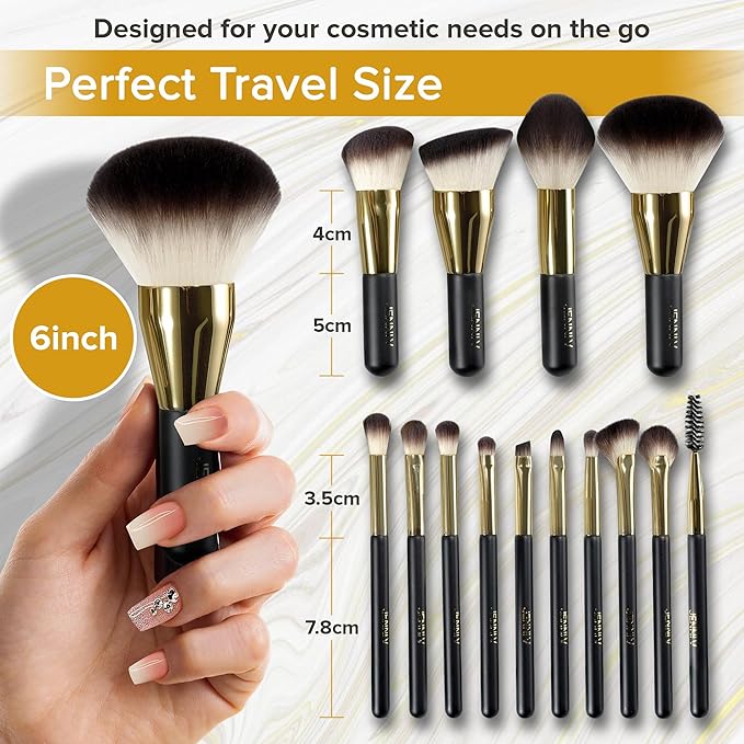 JENNI V Premium Travel Makeup Brushes Set - 14 Pc Mini Makeup Brushes with Handmade Leather Case - Portable Travel Makeup Brush Set with Holder - Travel Size Makeup Products for Blush, Foundation