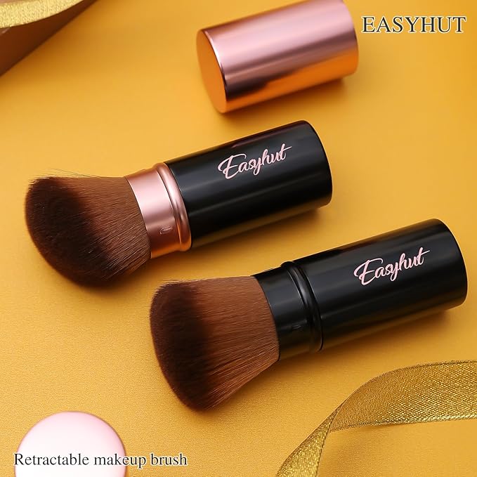 Retractable Kabuki Makeup Brushes 2 Pcs Blush Brushes Set Portable Powder Brushes with Flat and Angled Top for Liquid Cream Cosmetics Travel