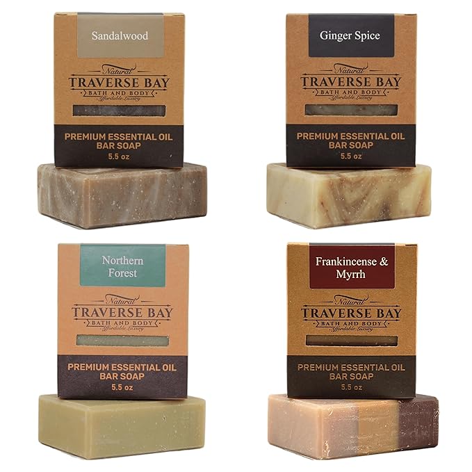 Traverse Bay Bath and Body Natural Cold Process Soap Spice & Wood 4-Bar Variety Pack, Ginger Spice, Sandalwood, Northern Forest, Frankincense & Myrrh, 5.5 oz Each, 22+ oz Total