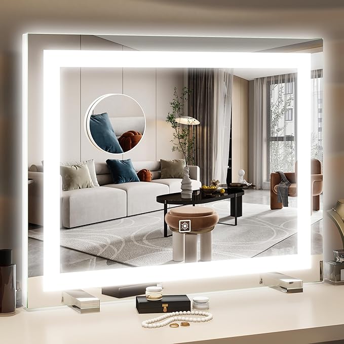 HNV 22"x20" Lighted Vanity Mirror – Large Makeup Mirror with 3-Color Dimmable LED Lights, 10X Magnification, Touch Control, Tabletop or Wall Mount Mirror for Bedroom & Dressing Room (White)