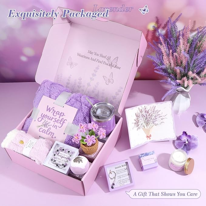 Valentines Day Gifts for Her Birthday Gifts for Women ,Self Care Get Well Soon Gifts Baskets Lavender Spa Kit Bath Set Gifts for Mom Girlfriend Wife Daughter Sister Best friend w/ Blanket