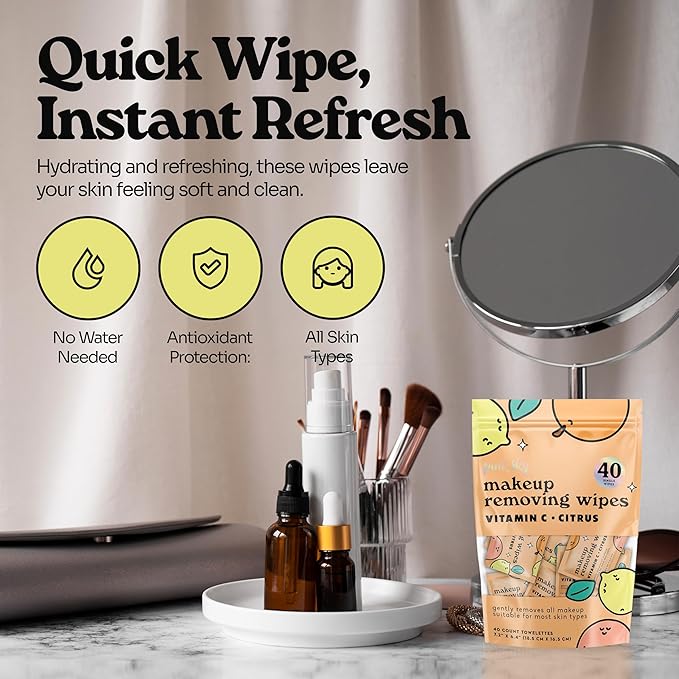 Pink Sky Makeup Remover Wipe for Face - Ultra Soft, Mini Makeup Wipes Individually Wrapped, Travel Makeup Wipe, Gently Cleanse & Remove, 40 Count (40 Wipes, VITAMIN C & CITRUS)