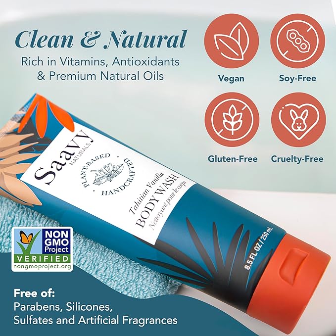 Body Wash Tahitian Vanilla Saavy Naturals Plant-Based Ingredients-Made In USA - Sensitive Skin Body Wash, Organic & Vegan Formula With Coconut Oil, Shea Butter, And Aloe Vera - 8.5 Fl Oz,