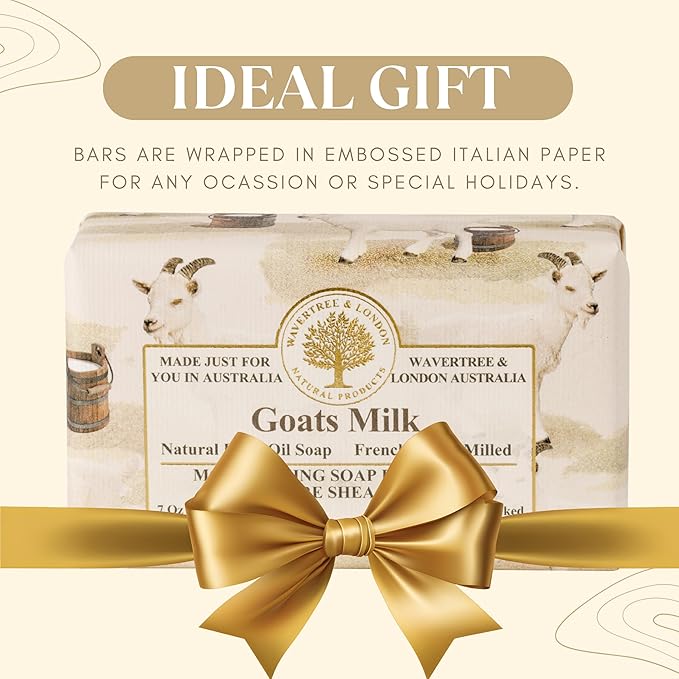 Wavertree & London Goat Milk Scented Natural Soap Bar, 7oz Moisturizing French Triple Milled Soap Bar for Women & Men Enriched with Organic Shea Butter, Pure Bath & Body Soap (1 Bar)