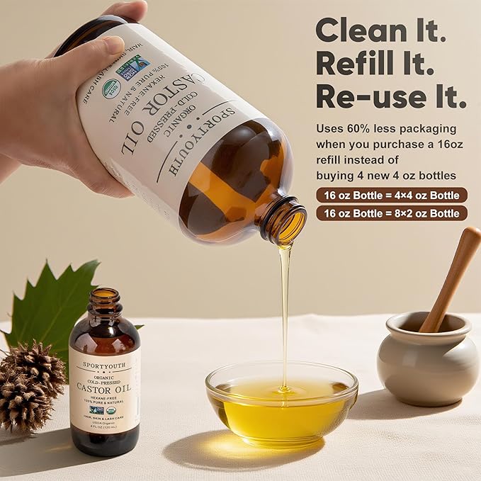 SPORTYOUTH Castor Oil Organic - Cold Pressed, Hexane Free, 100% Pure, USDA Certified, Unrefined Glass Bottle 16oz Non-GMO Carrier Oil for Face, Skin, Hair Growth, Castor Oil Pack, Eyelashes, Brows