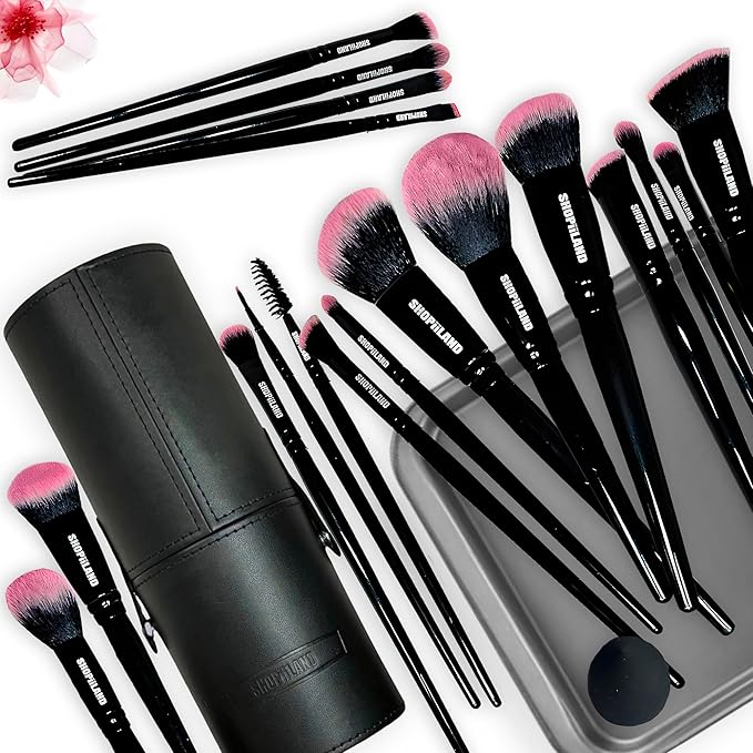 18-Piece Vegan Makeup Brush Set – Black & Pink Case, Soft Synthetic Bristles, Cruelty-Free, Ideal for Liquid, Powder, Cream & Bronzer; Includes Kabuki, Blender, Blush & Eyeshadow Brushes