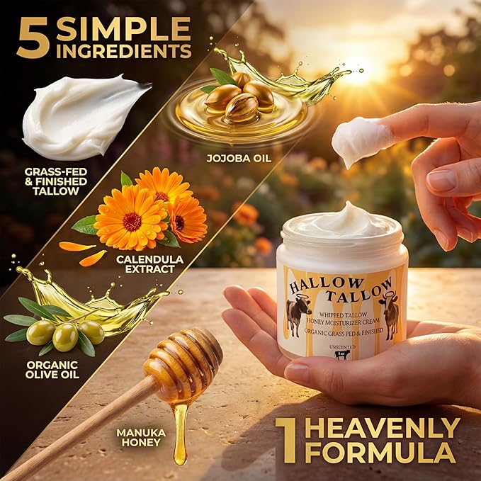 Hallow Tallow Whipped Beef Tallow Moisturizer – 100% Grass-Fed & Finished Tallow Balm with Manuka Honey, Jojoba & Olive Oil, Calendula Extract – Natural Hydrating Face & Body Cream, 4oz