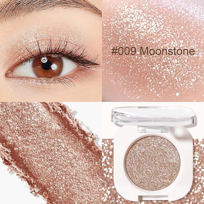 Single Glitter Eyeshadow Palette, Champagne Glow Shimmer Eyeshadow, Ultra-fine Lightweight Powder, High Pigment, Long Lasting, Multiuse Blendable Eye Makeup 9#Moonstone
