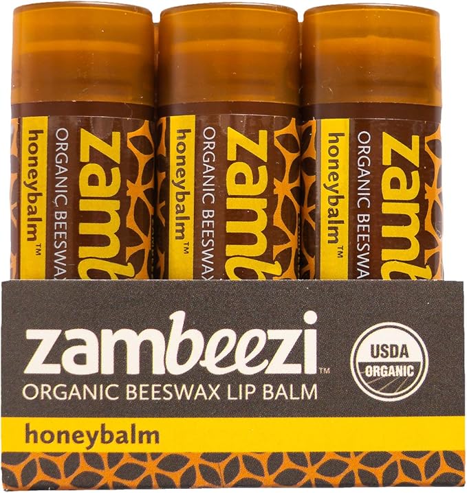 Organic, Fair Trade Beeswax Lip Balm - Honeybalm 3 Pack - Ethically Sourced - Honey Flavor