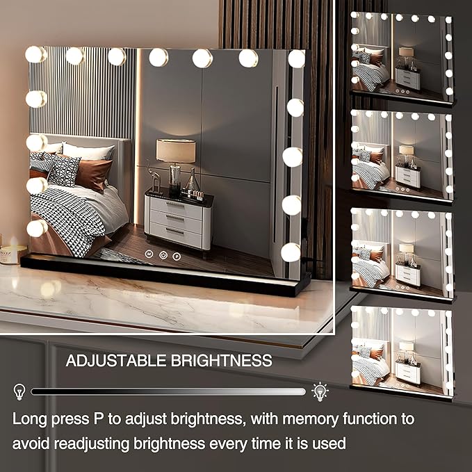 Vanity Makeup Mirror with Lights,Hollywood Vanity Mirror with 3 Color Modes,Lighted Vanity Mirror with Dimmable LED Bulbs &10X Magnification for Desk,Bedroom,Tabletop (Black, 22.8" x 18.1")