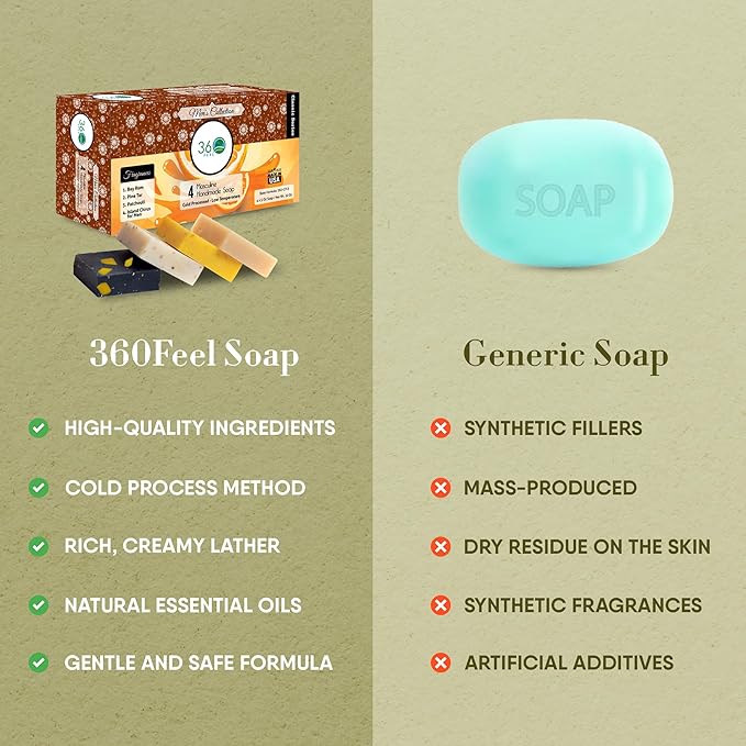 360Feel Mens Bar Soap - Made in the USA - Castile Handmade All Natural Cold Processed - Includes 4 Bold Masculine Scents: Bay Rum, Pine Tar Black Soap bar, Patchouli & Island Citrus (5oz, 4-Pack)