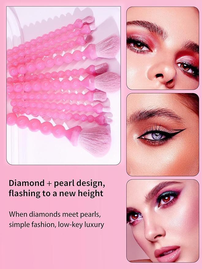 COSHINE Unique Diamond and Pearl Design Makeup Brush Set, 10pcs Cute and Full Complete Powder, Concealer, Blush, Eye Shadow Cosmetic Brushes Kit (PINK)