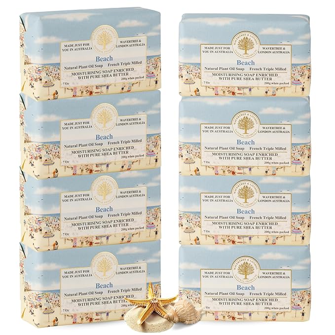 Wavertree & London Beach Scented Natural Soap (8 Bars), 7oz Moisturizing French Triple Milled Soap Bars enriched with shea butter - Pure Plant Oil Bath & Body Bars for All Skin Types