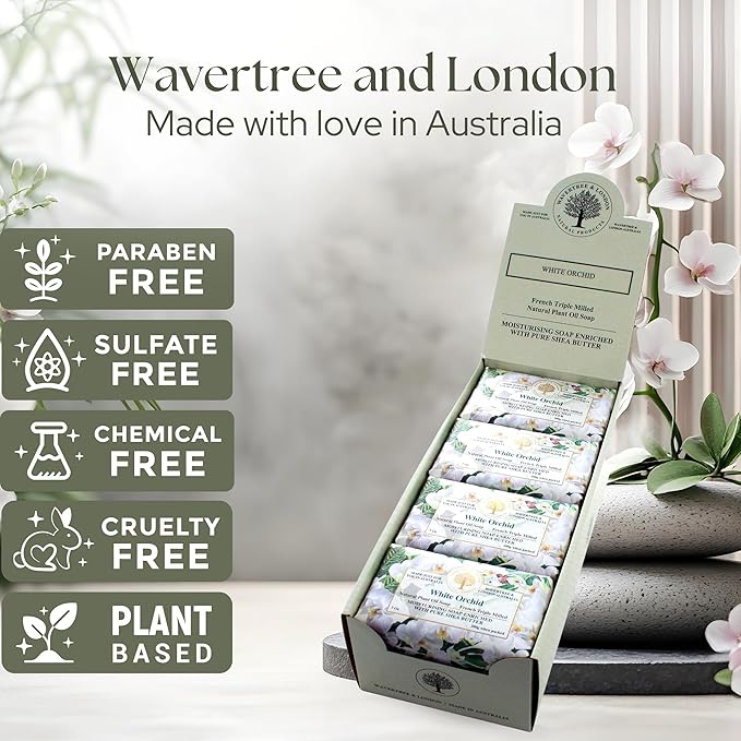 Wavertree & London White Orchid Scented Natural Soap (8 Bars), 7oz Moisturizing French Triple Milled Soap Bars enriched with shea butter - Pure Plant Oil Bath & Body Bars for All Skin Types