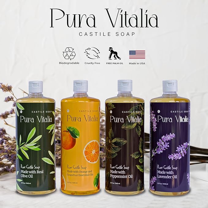 Lavender Organic Castile Soap | Body Wash & Cleanser for Face & Hands | Biodegradable, Eco-Friendly, Palm Oil Free, Vegan & Gentle | Made with 6 Natural Ingredients - 16 oz
