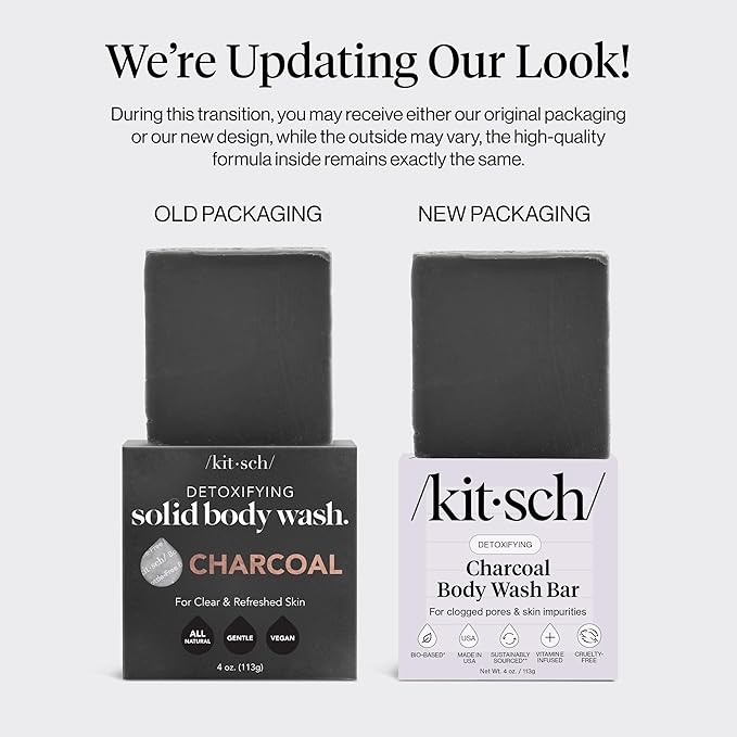 Kitsch Charcoal Soap Body Wash Bar – Detoxifying Bar Soap with Activated Charcoal – Gently Removes Excess Oil & Impurities, Clears Pores, Firms & Moisturizes Skin – Made in USA - 4 oz
