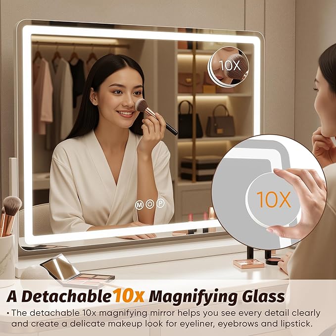 Vanity Mirror with Lights, 32"x22" Hollywood Lighted Makeup Mirror for Tabletop & Bedroom 3 Color Lighting Modes Smart Touch Control 360° Rotation Detachable