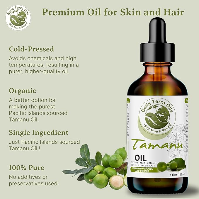 Bella Terra Oils - Organic Tamanu Oil 2oz - Celebrate Skin's Vitality, Naturally Rich in Fatty Acids & Vitamins, Distilled Essence from Pure Organic Tamanu Seeds