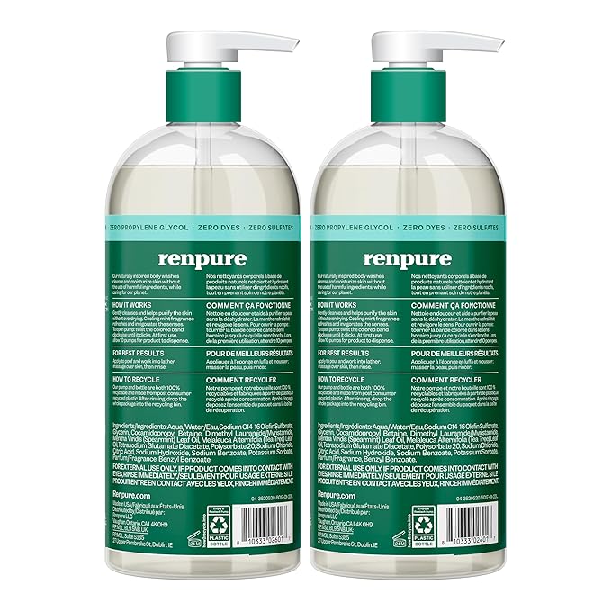 RENPURE Tea Tree & Mint Body Wash - Cleanses, Invigorates & Refreshes Skin Without Over-Drying - For All Skin Types - Tea Tree Leaf Oil, Spearmint Leaf Oil - 24 Fl Oz each, 2 Pack