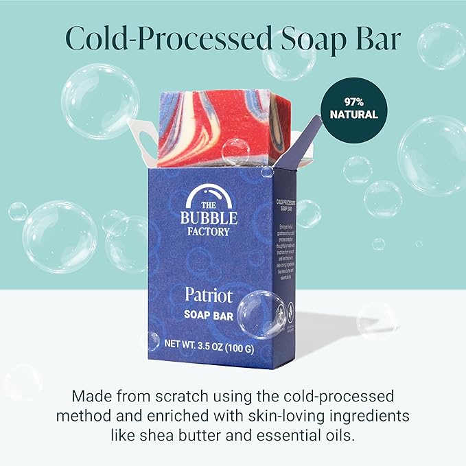 The Bubble Factory Handmade Natural Bath & Body Soap Bar, Vegan, All-Natural, Palm Oil Free, Made in USA with Shea Butter + Essential Oils, Patriot, 3 Bars