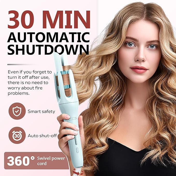 Automatic Rotating Curling Iron with 3 Temperature Fast Heating, Auto Hair Curler with Timer Settings, Anti-Tangle, Automatic Shut-Off and Scalding for Hair Styling, Blue