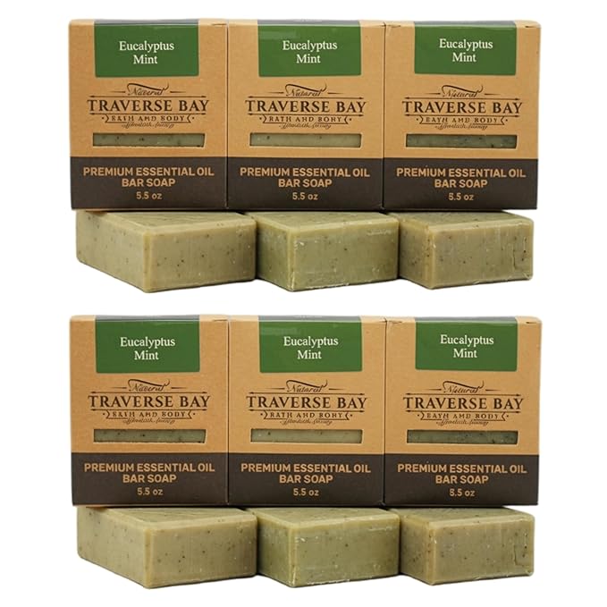 Traverse Bay Bath and Body Eucalyptus Mint Natural Cold Process Soap, Essential Oil Based, Cooling Eucalyptus and Peppermint, 6 Bars, 33+ oz