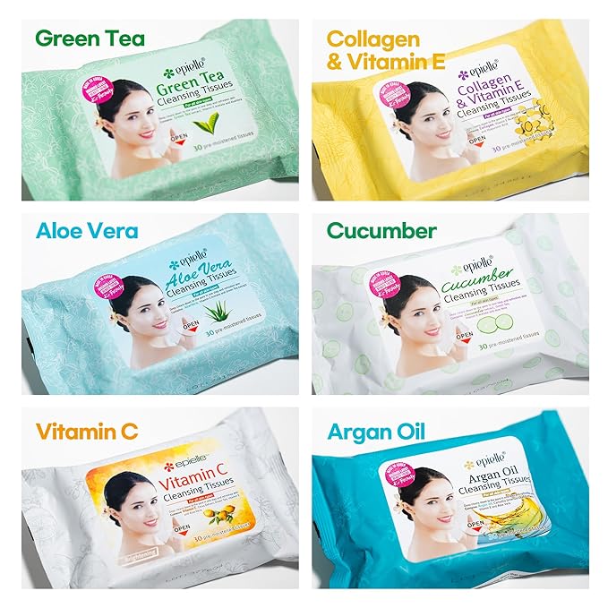 Epielle Makeup Remover Wipes, Remove Waterproof Mascara, Gentle Daily Facial Cleanser Towelettes with Vitamin C, Aloe Vera & Collagen, Stocking Stuffers, 30 Count (Pack of 6)