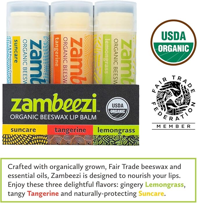 Organic, Fair Trade Beeswax Lip Balm - Variety 3 Pack (Suncare, Tangerine and Lemongrass) - Ethically Sourced