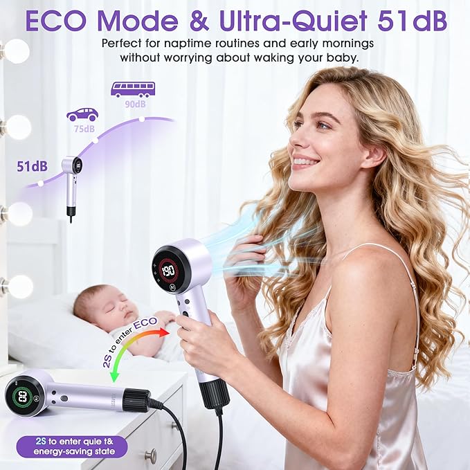 Ionic Hair Dryer with Auto-Adjusting Sensor,AI Hair Dryer with Magnetic Diffuser,100000 RPM High-Speed Hair Blow Dryer for Fast Drying,Compact Blow Dryer with 500M Plasma,Blow Dryer for Women(Purple)