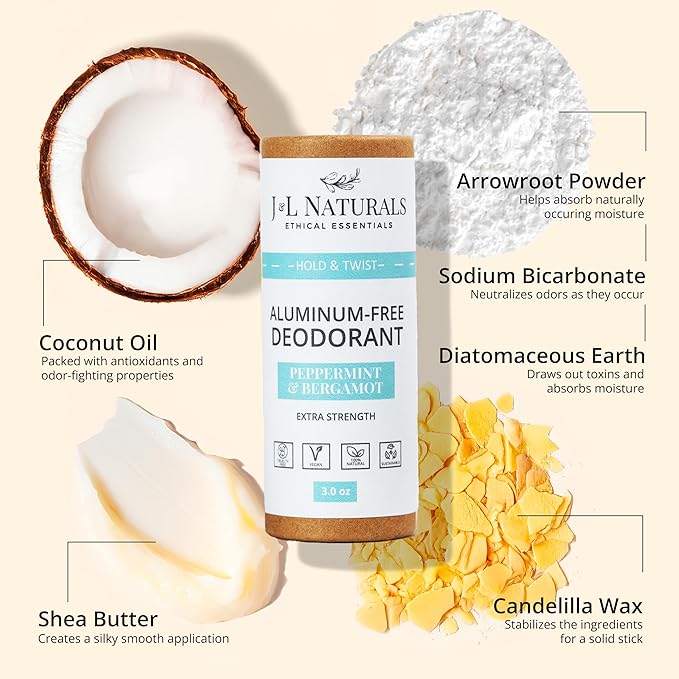 J&L Naturals Aluminum Free Deodorant for Men & Women | 100% Natural Ingredients With Coconut Oil, Shea Butter, & Essential Oils | Sustainable, Eco-Friendly (Peppermint & Bergamot, 3.0 Oz (Pack of 4))