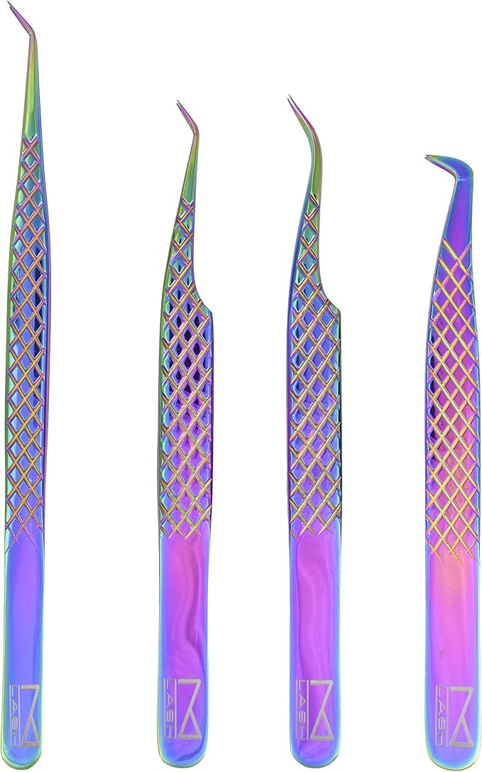 M LASH Tweezers for Eyelash Extensions (Set of 4) - Professional Lash Extension Tweezers - Fiber Tip, Japanese Steel, Diamond Grip Eyelash Extension Tweezer (Multi-Color)