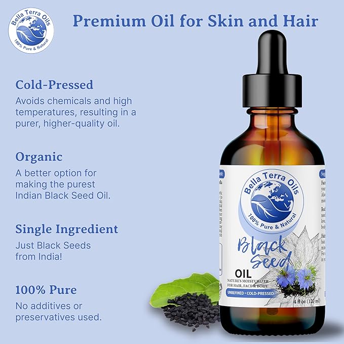 Bella Terra Oils - Black Seed Oil 8 oz - Cold-Pressed & Pure, A Beacon of Essential Minerals & Phytosterols, For the Lovers of Natural Beauty
