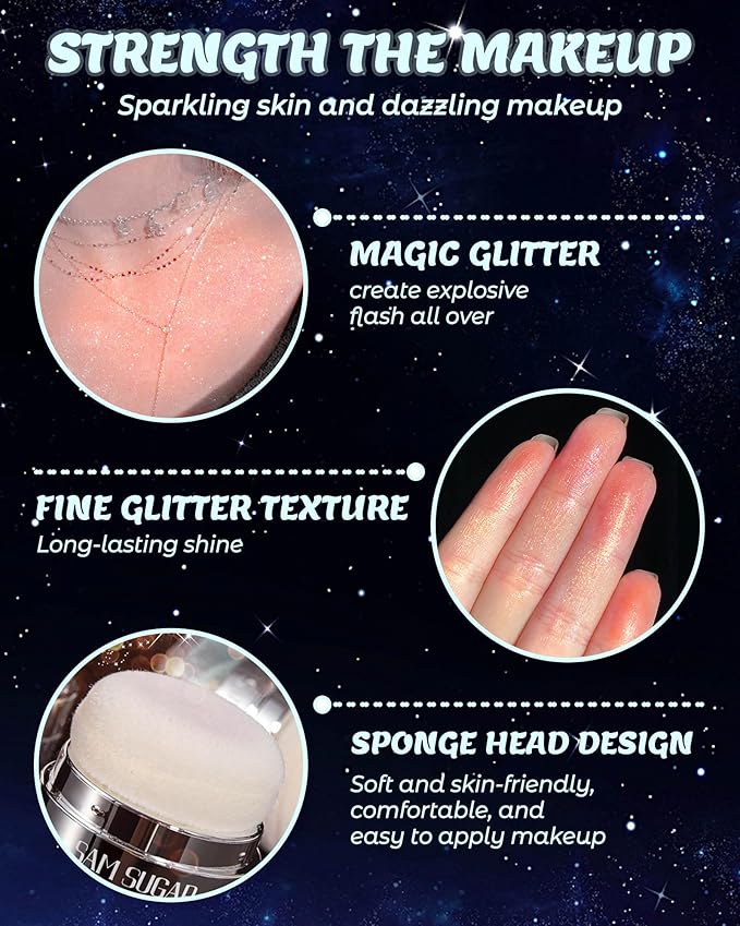 Glitter Air Cushion Highlighter Powder - 3D Contour & Brighten Face, Eyes, Body, Hair | Pearlescent Patting Powder Create a Shimmering Look | Easy-Use & Perfect for Daily & Special Occasions