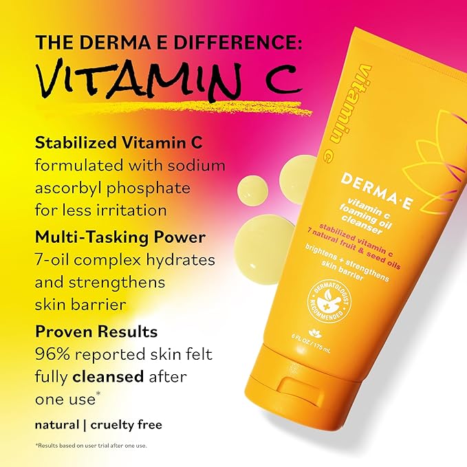 Derma E Vitamin C Foaming Oil Cleanser, 6 Fl Oz, 2-in-1 Oil-to-Foam Face Wash, Makeup Remover, Stabilized Vitamin C & Niacinamide to Help Brighten, Nourish & Strengthen Skin Barrier, Gentle Skin Care