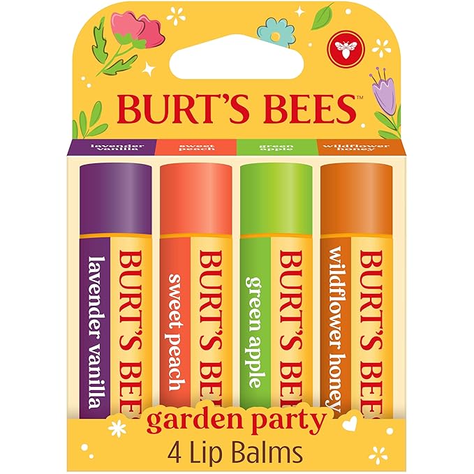 Burt's Bees Back To School Gifts Ideas - Garden Party Lip Balm Set, Lavender Vanilla, Sweet Peach, Green Apple, Wildflower Honey, Natural Origin Lip Treatment, 4 Tubes, 0.15 oz.